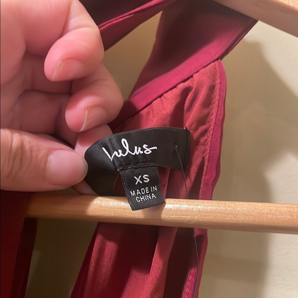 Womens New Lulu's Distinctive Charm Burgundy Satin Asymmetrical Midi Dress - Picture 9 of 9